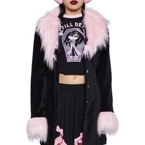 Black and Pink Faux Fur Trimmed Women's Coat